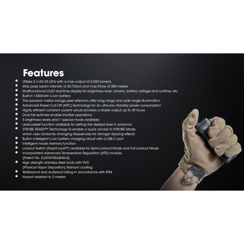 Lampe torche LED NITECORE EDC23 puissante 2500 lumens rechargeable USB-C écran OLED pour randonnée et usage quotidien