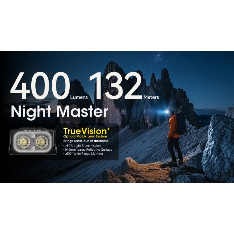 Lampe frontale NITECORE NU25 MCT 400 lumens LED rechargeable USB-C éclairage extérieur et faisceau double