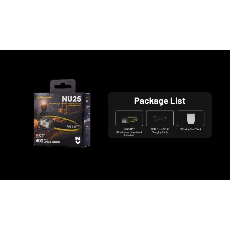 Lampe frontale NITECORE NU25 MCT 400 lumens LED rechargeable USB-C éclairage extérieur et faisceau double