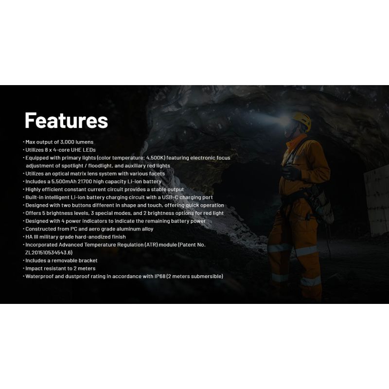 Lampe frontale Nitecore HC75 3000 lumens USB-C rechargeable mise au point réglable idéal randonnée camping chasse