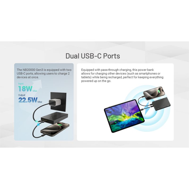Nitecore NB20000 Gen3 QC Batterie Externe 20000mAh Double Ports USB-C Haute Capacité Charge Rapide Léger Voyage