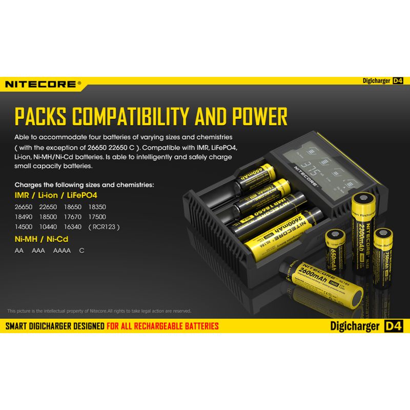 Nouveau Chargeur Nitecore D4 LCD Chargeur intelligent batteries rechargeables Compatibilité étendue Li-ion IMR