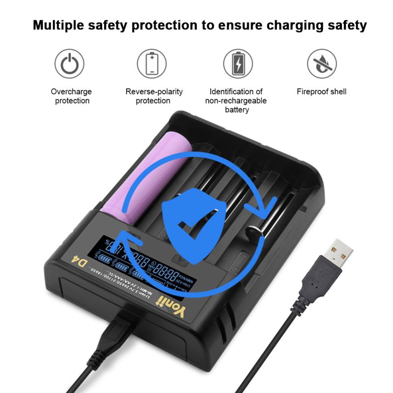 YONII D4 Chargeur Batterie Universel LCD 4 Emplacements pour 18650 21700 AA AAA Li-ion Ni-MH USB portable
