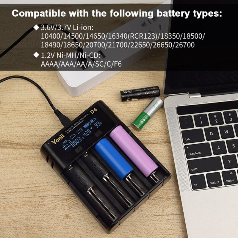 YONII D4 Chargeur Batterie Universel LCD 4 Emplacements pour 18650 21700 AA AAA Li-ion Ni-MH USB portable