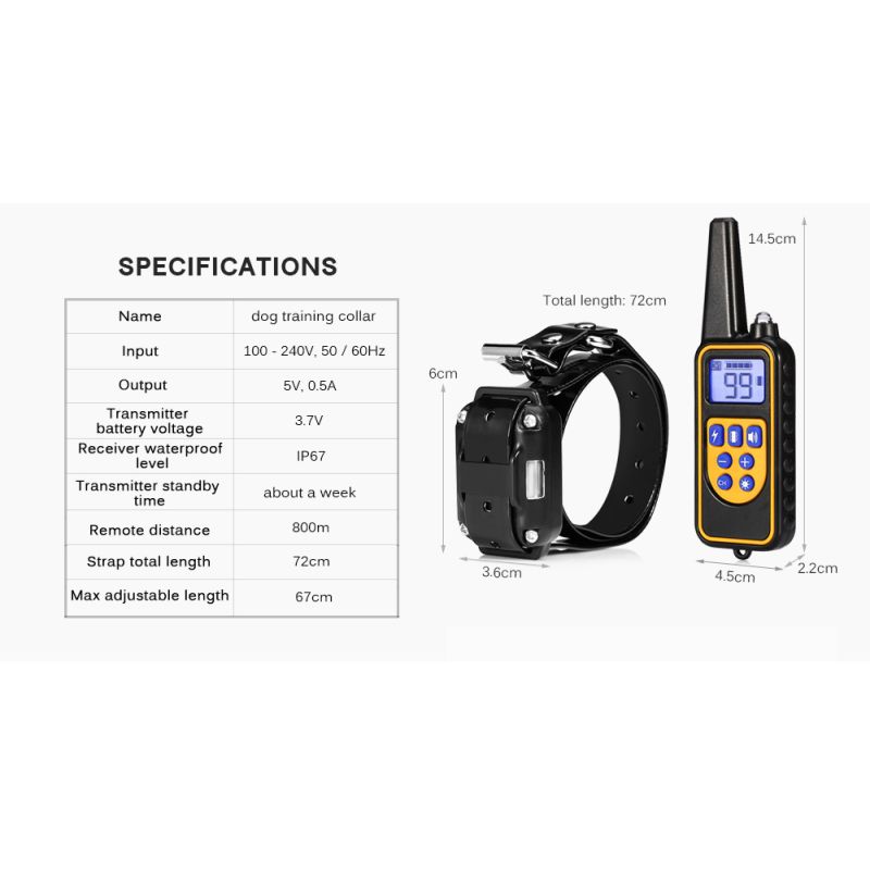 Collier d'entraînement pour chien 800m étanche avec écran LCD rechargeable niveaux de vibration réglables