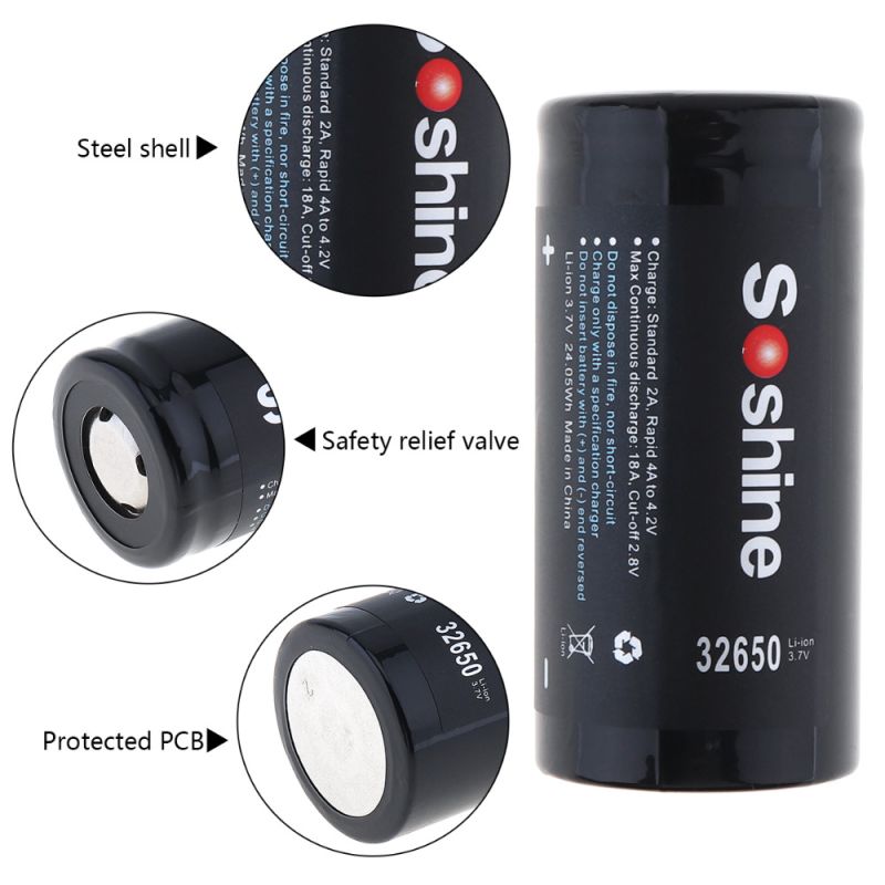 Batterie Rechargeable Soshine 6500mAh 3.7V 32650 Li-ion pour Outils Véhicules Haute Densité Énergétique Durable