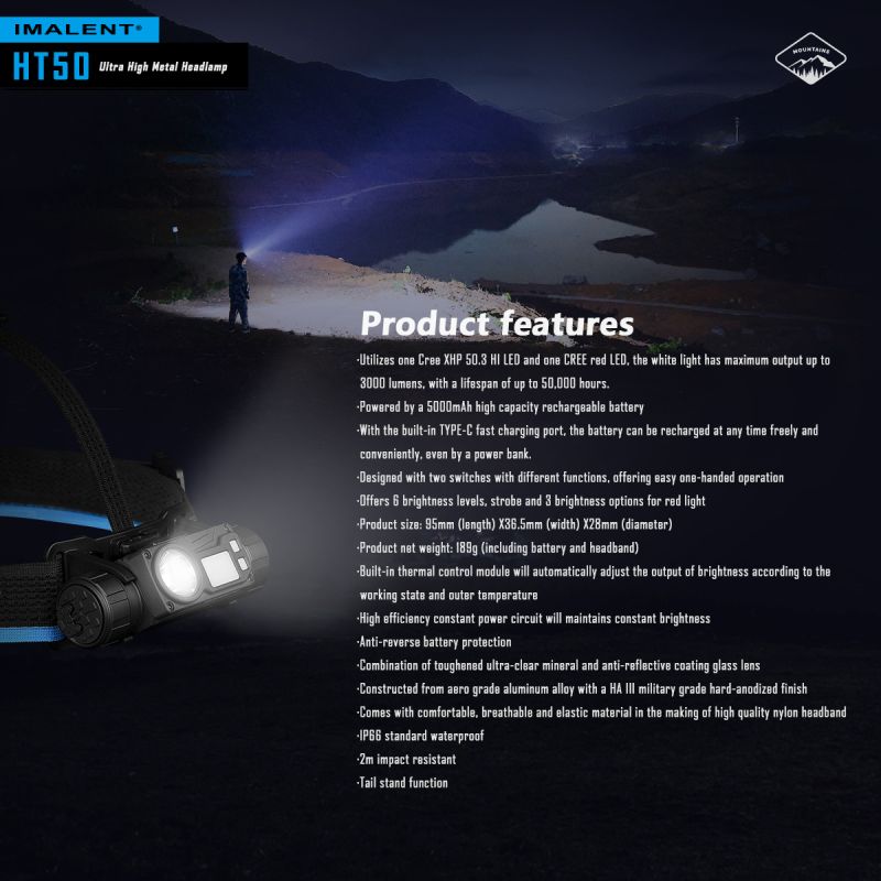 Lampe frontale IMALENT HT50 LED puissante double sources pour aventure camping éclairage extérieur rechargeable