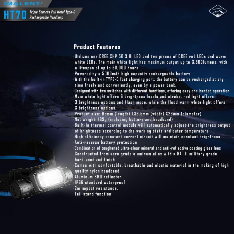 Lampe frontale haute performance IMALENT HT70 3500 lumens LED XHP50.3 HI pour aventure en plein air rechargeable