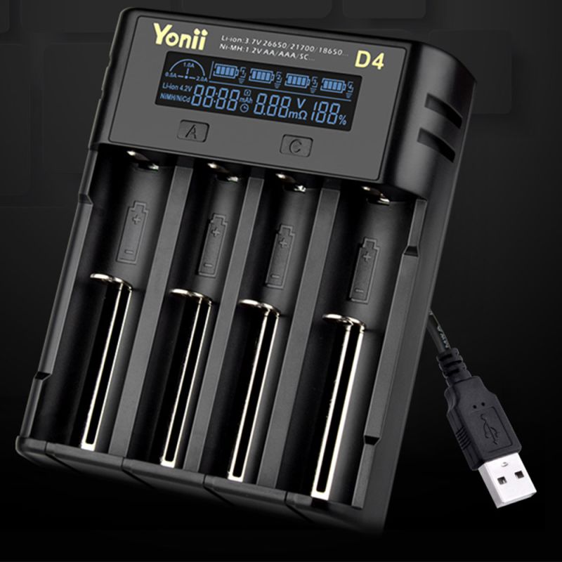YONII D4 Chargeur Batterie Universel LCD 4 Emplacements pour 18650 21700 AA AAA Li-ion Ni-MH USB portable