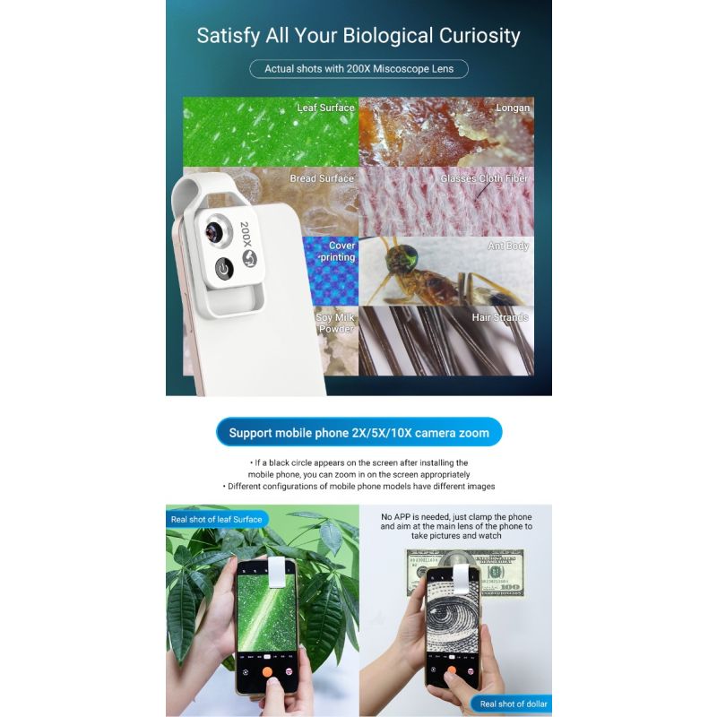 APEXEL lentille microscope 200X pour iPhone Samsung exploration smartphones léger optique multi-couches