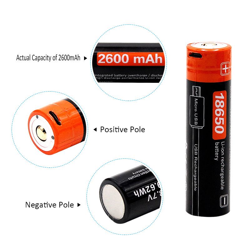 Batterie 18650 2600mAh Rechargeable Li-ion 3.7V Micro USB pour Gadgets Énergie Durable Performance Fiable