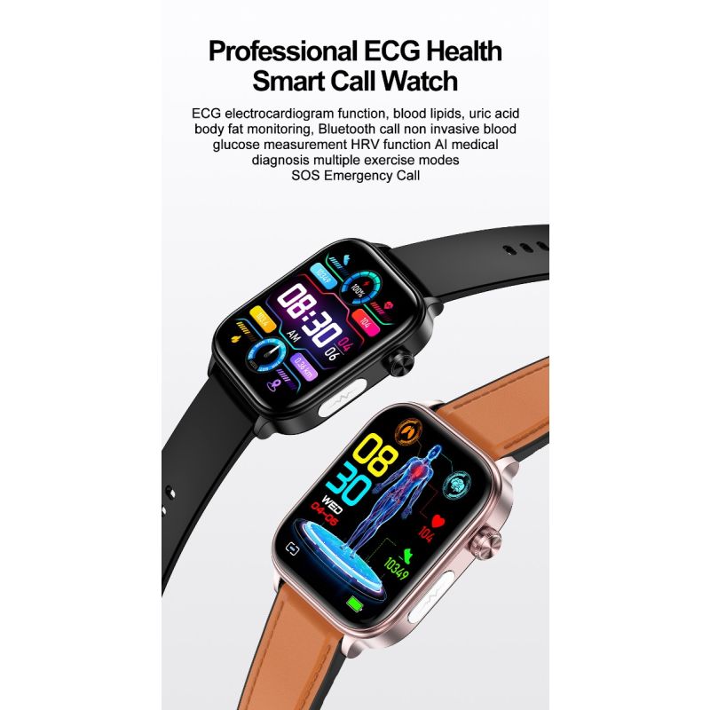 ET570 Smartwatch Santé: Glycémie Non Invasive, ECG, Sommeil, Fréquence Cardiaque, Tension Artérielle pour Android iOS