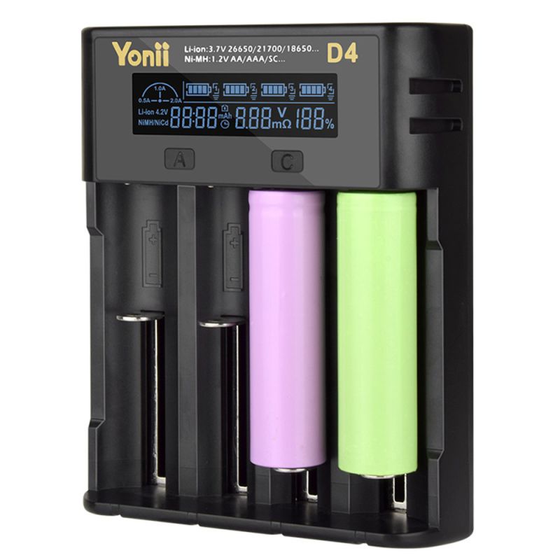 YONII D4 Chargeur Batterie Universel LCD 4 Emplacements pour 18650 21700 AA AAA Li-ion Ni-MH USB portable