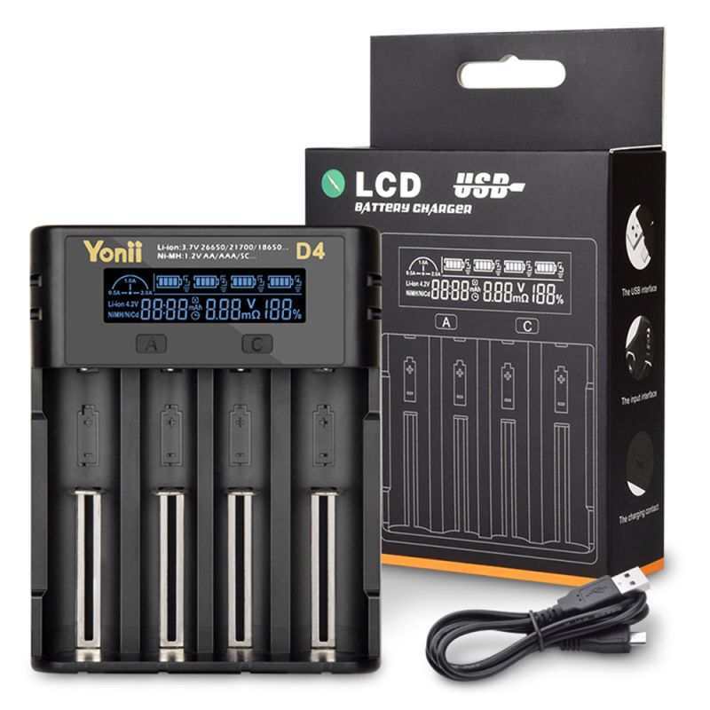 YONII D4 Chargeur Batterie Universel LCD 4 Emplacements pour 18650 21700 AA AAA Li-ion Ni-MH USB portable