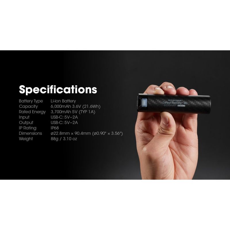 Nitecore Batterie Carbone 6K USB-C Rechargeable 6000mAh Légère Étanche Power Bank Randonnée