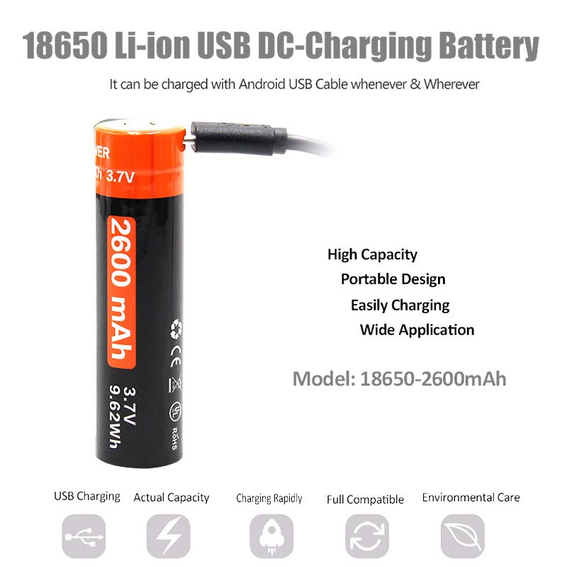 Batterie 18650 2600mAh Rechargeable Li-ion 3.7V Micro USB pour Gadgets Énergie Durable Performance Fiable
