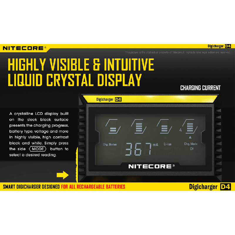 Nouveau Chargeur Nitecore D4 LCD Chargeur intelligent batteries rechargeables Compatibilité étendue Li-ion IMR