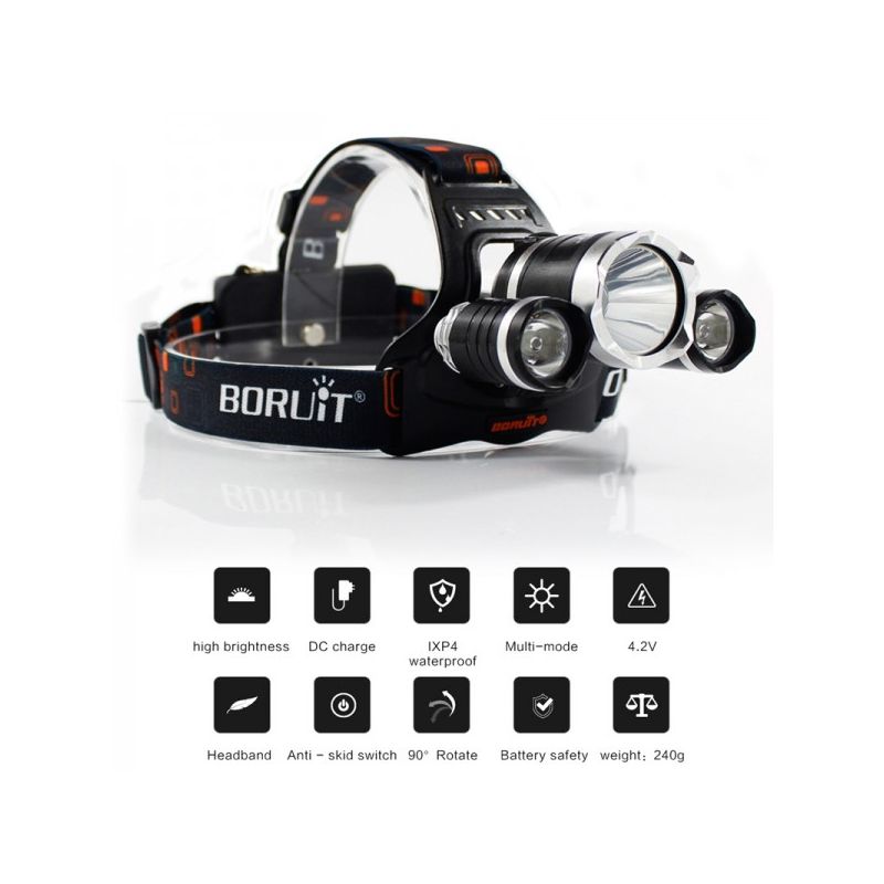 Boruit RJ-3000 Phare LED lumière blanche T6 équipement aventure design durable lampe frontale légère légère