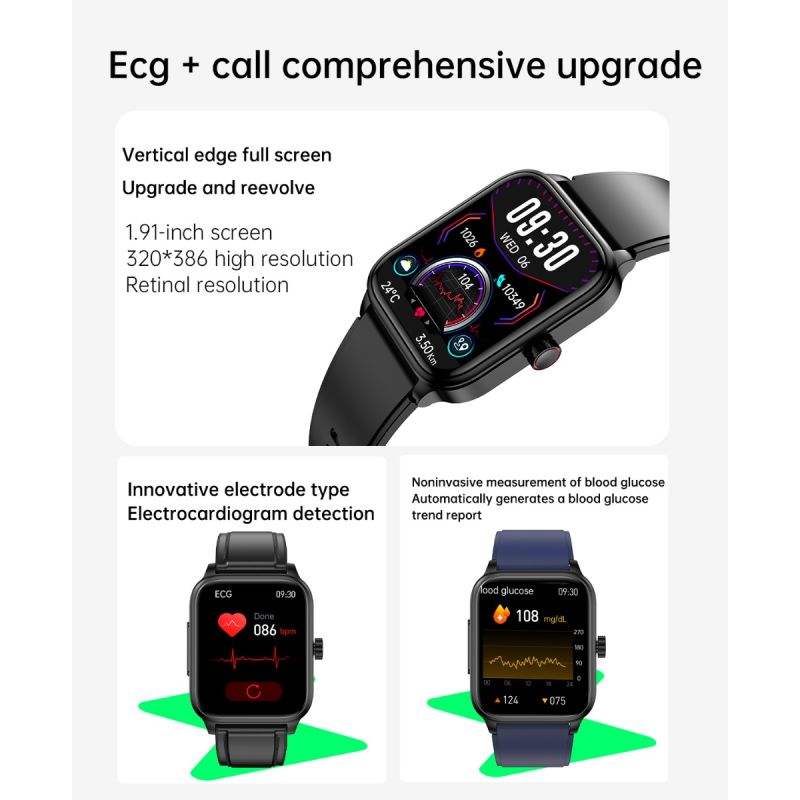 Montre connectée ET540 Smartwatch Santé: Glycémie, ECG, Température, Pression Artérielle, Appel Bluetooth