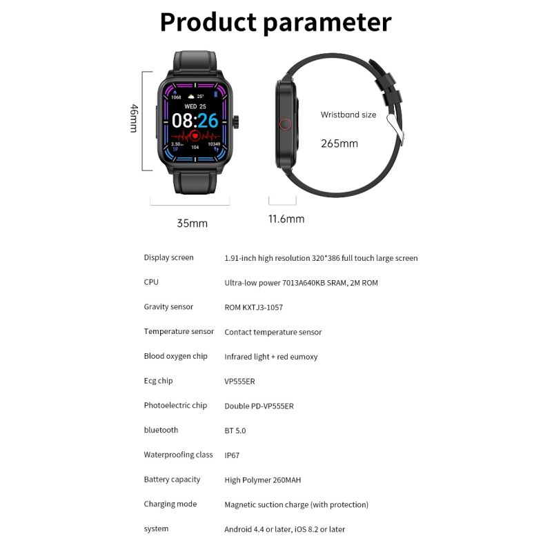Montre connectée ET540 Smartwatch Santé: Glycémie, ECG, Température, Pression Artérielle, Appel Bluetooth