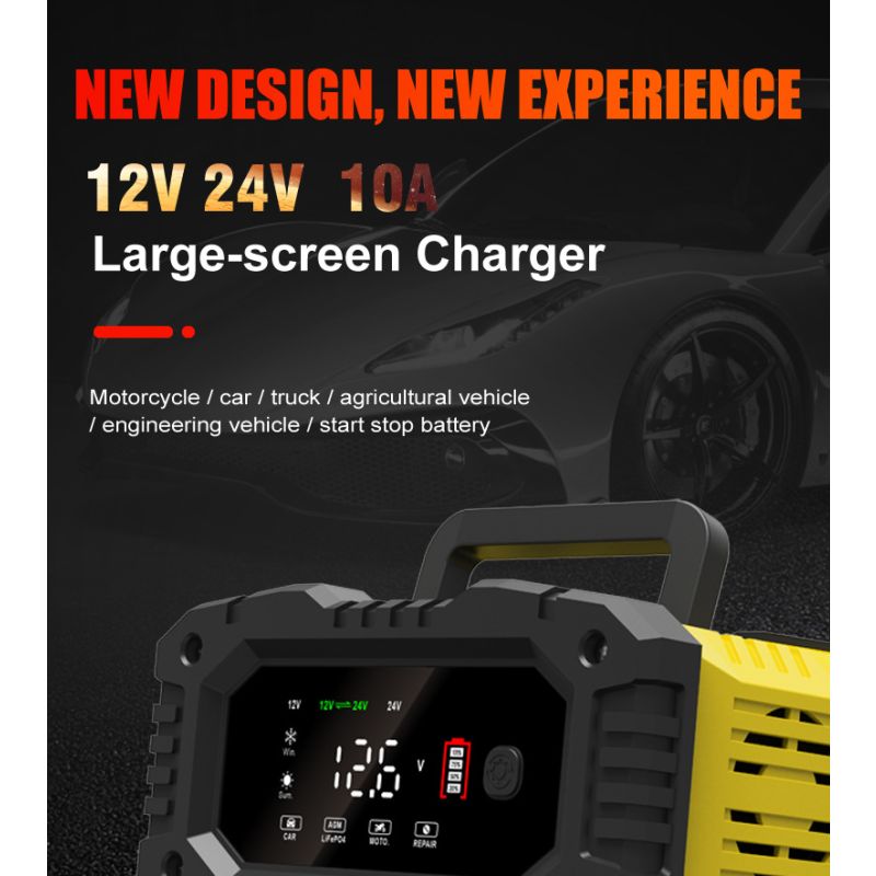 Chargeur de batterie FOXSUR portable 12V/24V pour moto et camion avec entretien automatique et contrôle microprocesseur