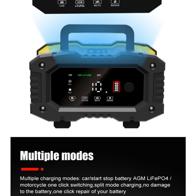 Chargeur de batterie FOXSUR portable 12V/24V pour moto et camion avec entretien automatique et contrôle microprocesseur