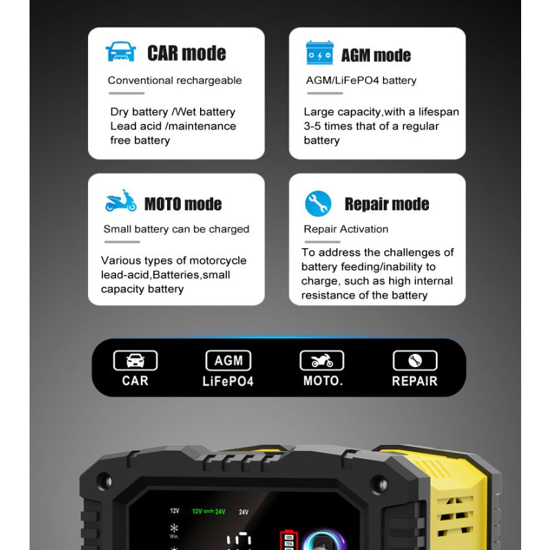 Chargeur de batterie FOXSUR portable 12V/24V pour moto et camion avec entretien automatique et contrôle microprocesseur