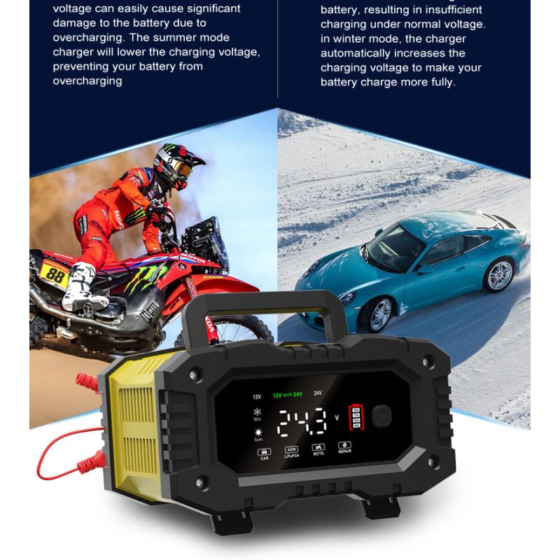 Chargeur de batterie FOXSUR portable 12V/24V pour moto et camion avec entretien automatique et contrôle microprocesseur