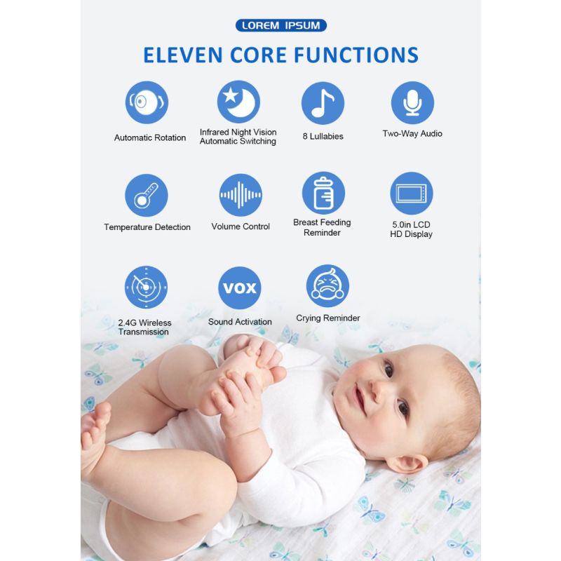 Moniteur vidéo bébé ABM501 moniteur vidéo bébé sécurité familiale LCD 5 pouces vision nocturne sans fil 2.4G