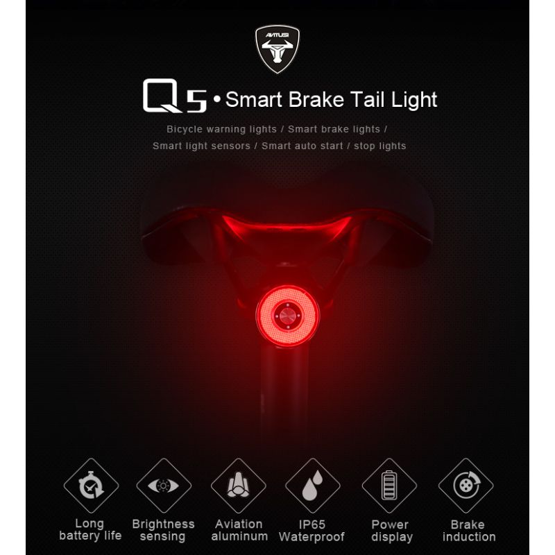 Feu arrière intelligent ANTUSI Q5 pour vélo sécurité cycliste feu LED étanche IPx6 avec détection de frein