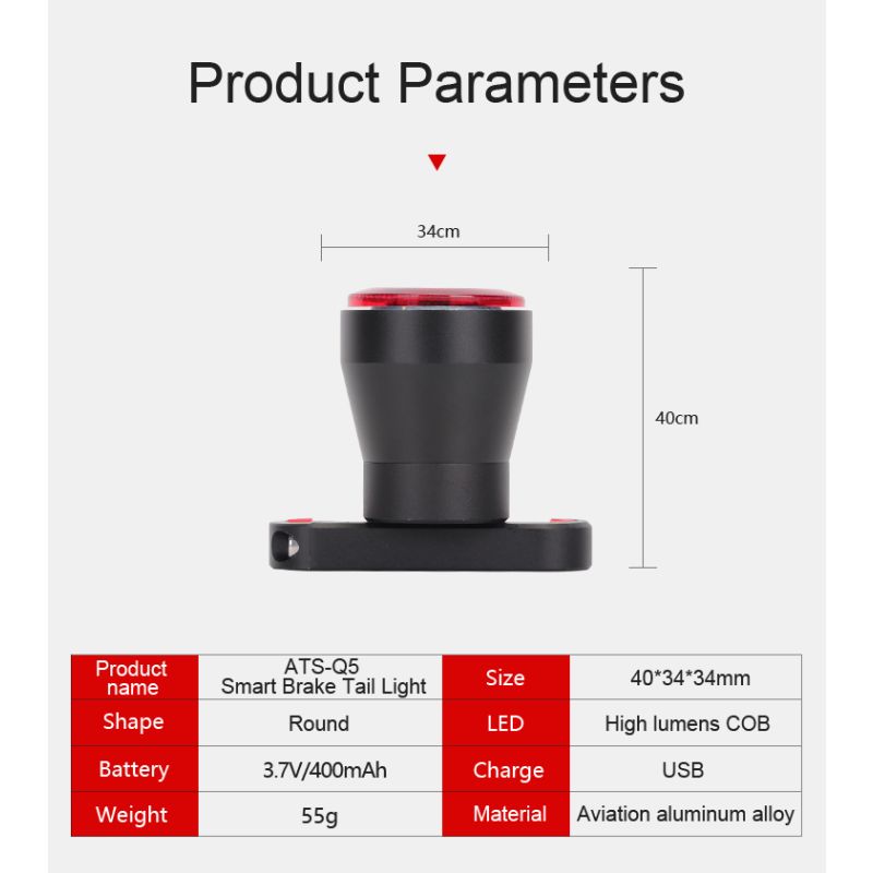 Feu arrière intelligent ANTUSI Q5 pour vélo sécurité cycliste feu LED étanche IPx6 avec détection de frein