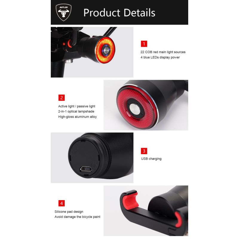 Feu arrière intelligent ANTUSI Q5 pour vélo sécurité cycliste feu LED étanche IPx6 avec détection de frein