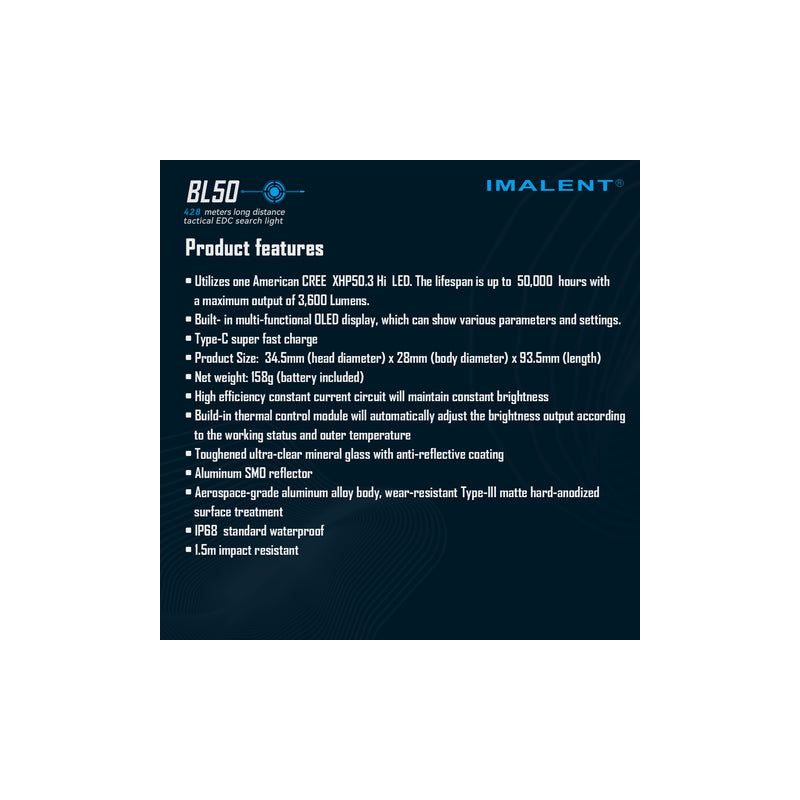 Lampe de poche LED IMALENT BL50 3600 lumens rechargeable Type-C pour aventures en plein air design compact