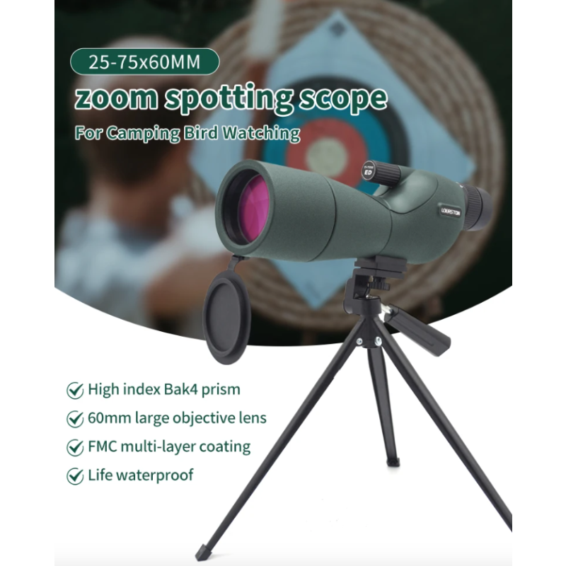 Longue-vue Télescope Monoculaire 25-75x60 Zoom ED Bak4 HD pour Observation Oiseaux Camping Plein air Nature
