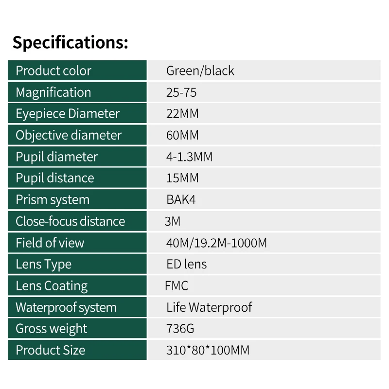 Longue-vue Télescope Monoculaire 25-75x60 Zoom ED Bak4 HD pour Observation Oiseaux Camping Plein air Nature
