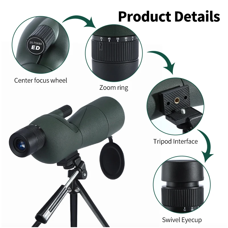 Longue-vue Télescope Monoculaire 25-75x60 Zoom ED Bak4 HD pour Observation Oiseaux Camping Plein air Nature