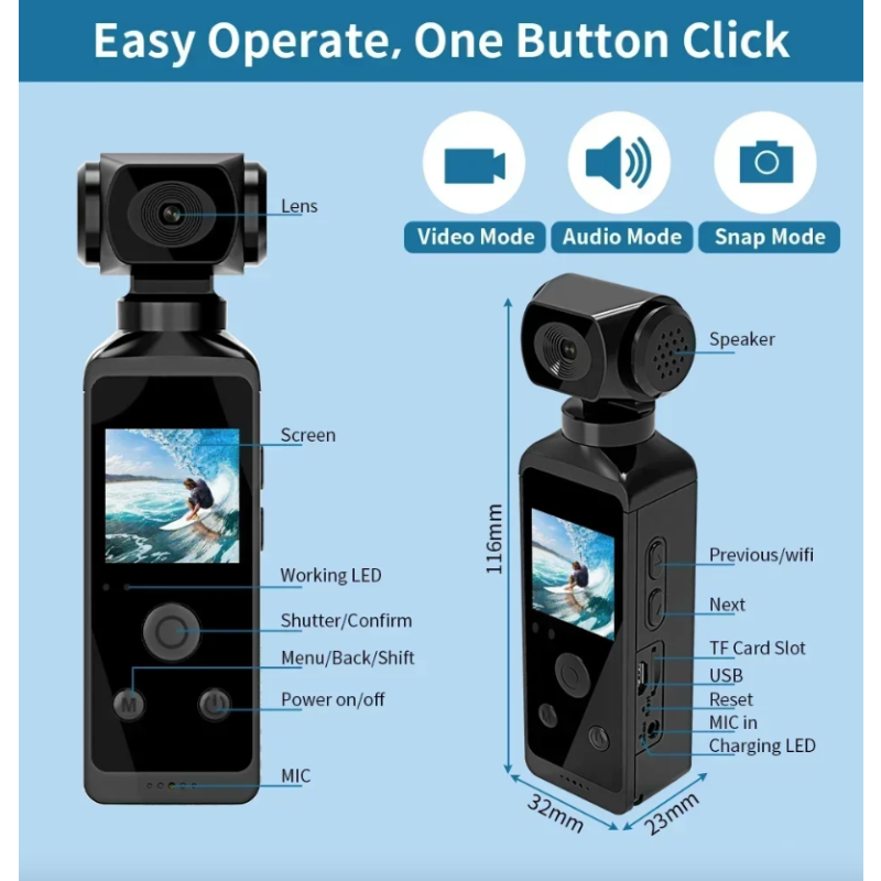 Caméra Sport 4K Ultra HD de Poche 270° Rotative WiFi Vlog Casque Vélo Voyage Enregistreur Mini Caméra d'Action