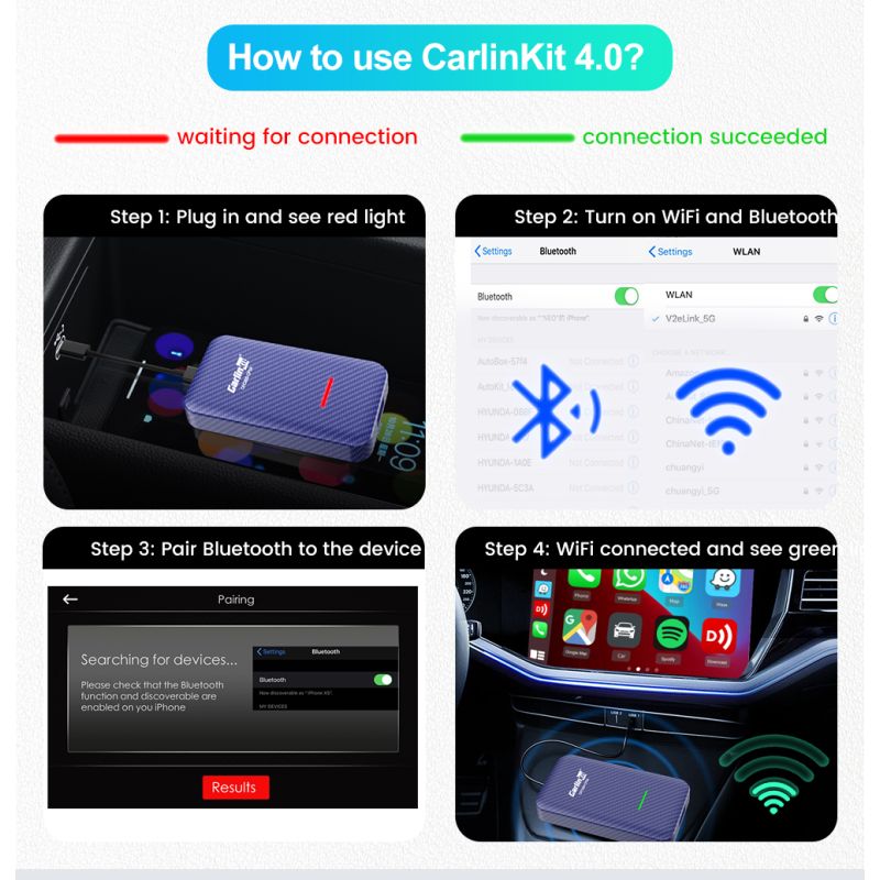 CarlinKit 4.0 CarPlay sans fil pour Audi VW Kia Adaptateur voiture compact Installation facile Plug and Play