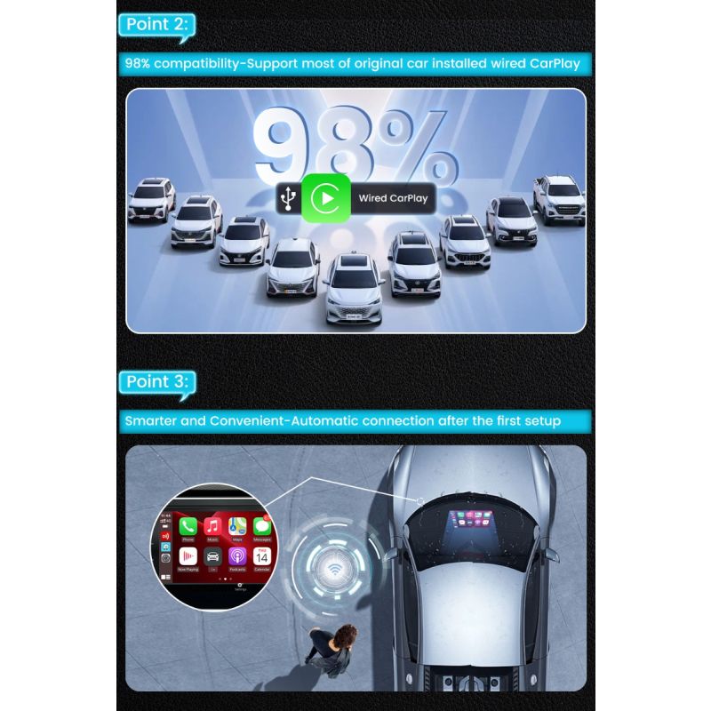 CarlinKit 4.0 CarPlay sans fil pour Audi VW Kia Adaptateur voiture compact Installation facile Plug and Play