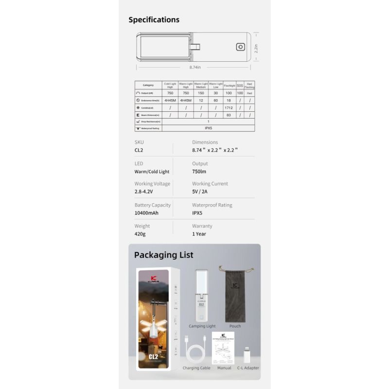 Klarus CL2 Lampe Polyvalente 750 Lumens Angle Réglable Lampe de Camping Éclairage Intérieur et Extérieur