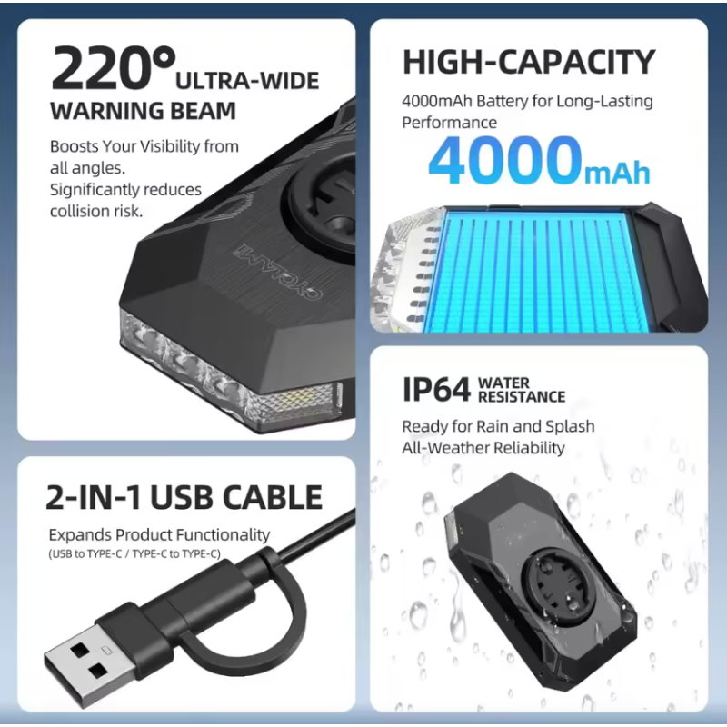 CYCLAMI CL350 Phare Vélo 4000mAh, éclairage cyclisme Type-C, support ordi, IPX4, Banque d'alim.