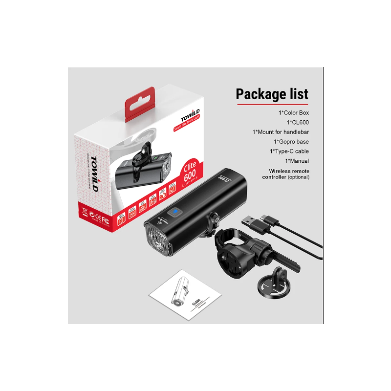 Lampe de vélo TOWILD CL600 LED rechargeable USB 2000mAh haute luminosité étanche sécurité cycliste