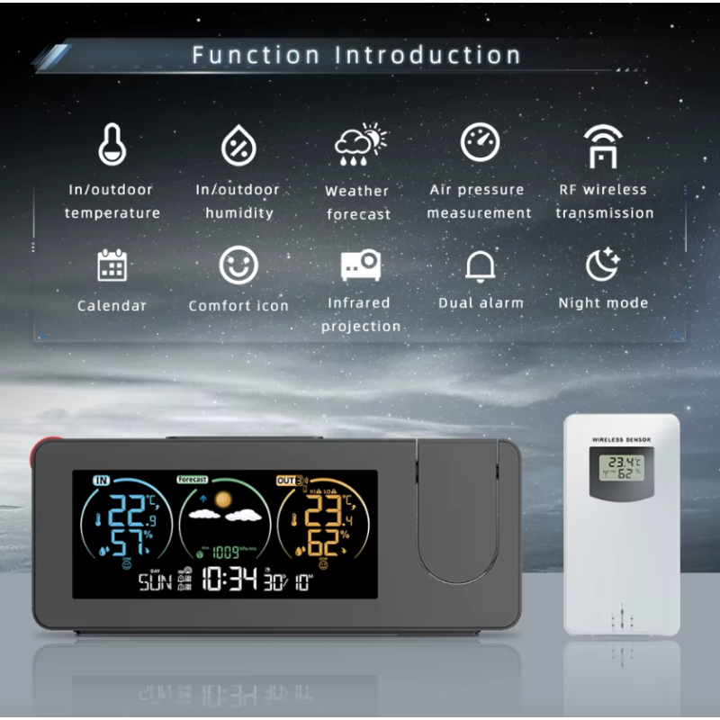 Horloge murale de projection multifonctionnelle Réveil numérique Station météo électronique Design élégant