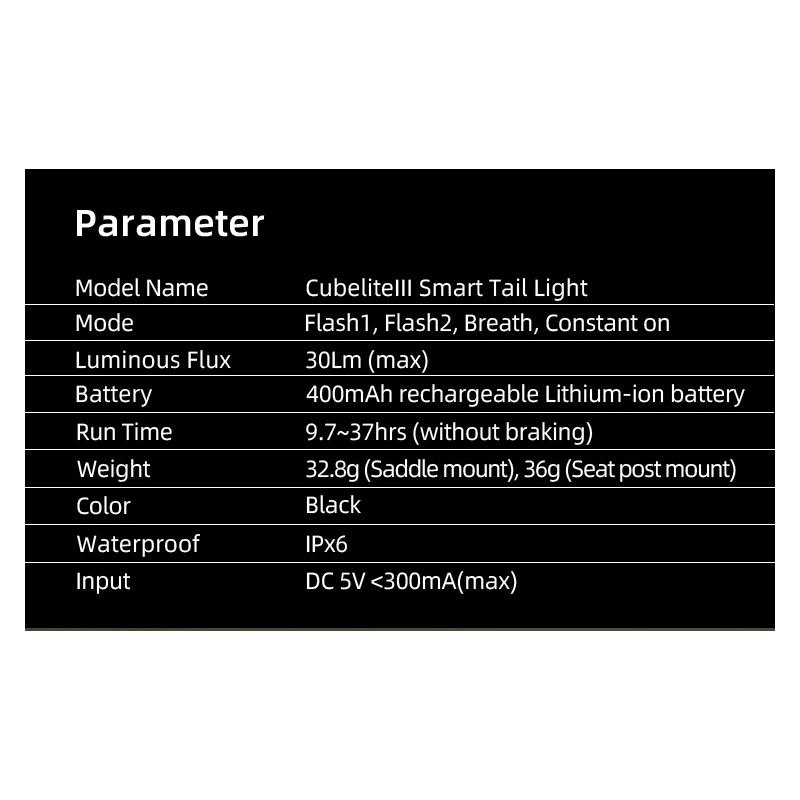 Enfitnix Cubelite III Feu Arrière Intelligent 30 Lumens Recharge USB Longue Durée Sécurité Cycliste