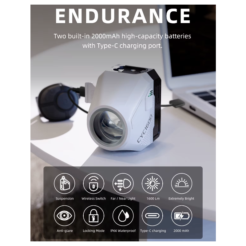 Phare vélo sans fil 1600LM haute luminosité avec télécommande intelligente pour sécurité cyclisme nocturne
