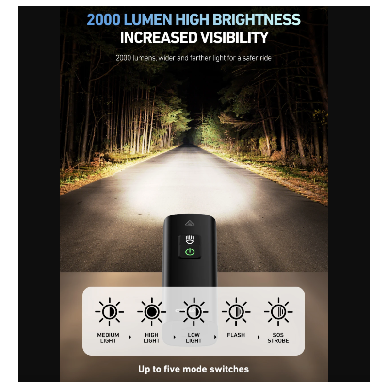 CYCLAMI BR2000 Phare Vélo Puissant 2000 Lumens USB-C | Lumière Avant VTT Route Haute Luminosité, Sécurité