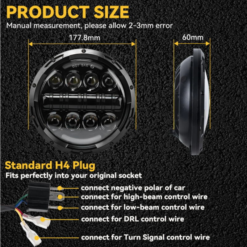 Phare moto LED 7 pouces Harley Jeep Wrangler 75W aluminium moulé étanche IP67 faisceau DRL lumière blanche 6000K