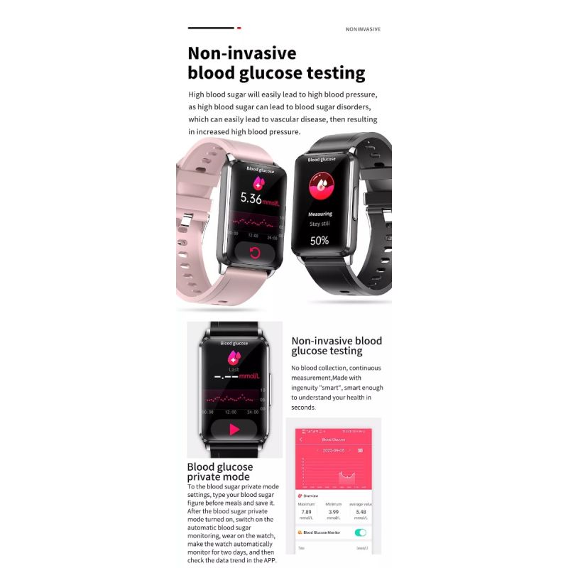 EP02 Smart Watch Glycémie ECG PPG Température Fréquence Cardiaque IPS HD Étanche Fitness Tracker Sommeil/HRV