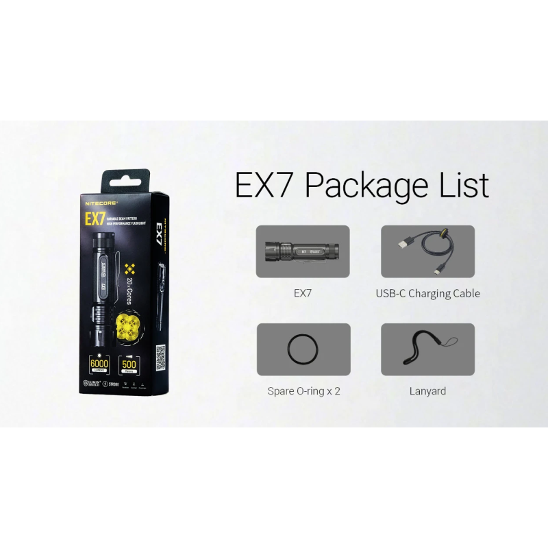 Nitecore EX7 - Lampe de Poche 6000 Lumens USB-C Rechargeable. Puissante pour Extérieur, Randonnée, Camping.