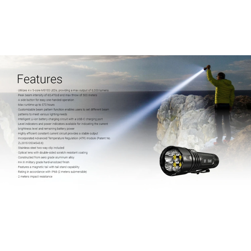 Nitecore EX7 - Lampe de Poche 6000 Lumens USB-C Rechargeable. Puissante pour Extérieur, Randonnée, Camping.